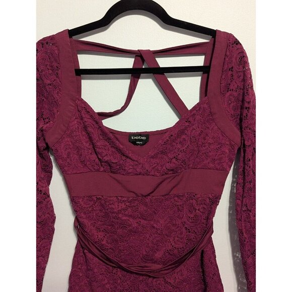 Vintage Bebe 90s Burgundy Red Lace Long Sleeve Sweetheart Top Clubwear Y2K Med - Picture 6 of 8